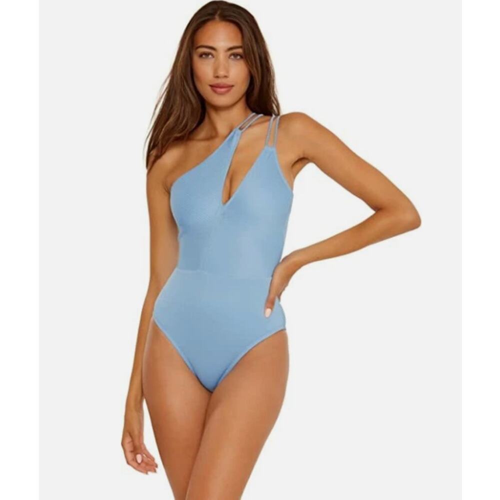 Soluna Swim Let’s Dance Rib Maillot One-Shoulder Swimsuit Womens M Metallic Sky